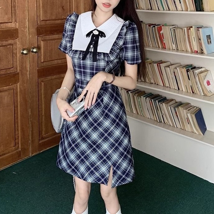 レース ワンピース 優雅な格子柄セーラーロングワンピース