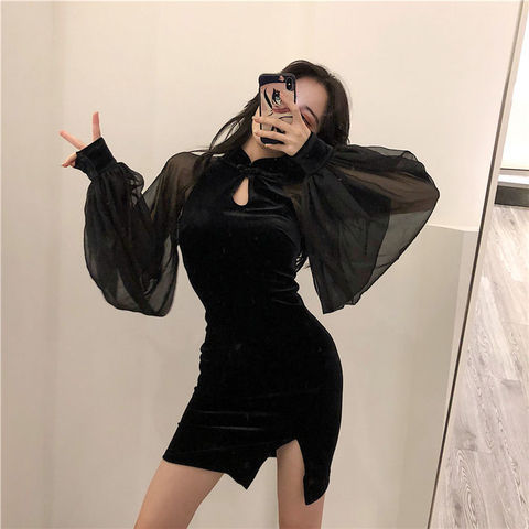 レース ワンピース 透け感シアー袖ベロアワンピース