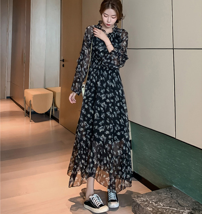 レース ワンピース 花柄シフォン ロングワンピース 長袖 フレア 大きいサイズ