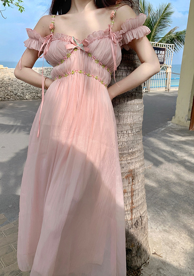 レース ワンピース フリルレース ロングワンピース リゾート向け 肩魅せ 夏服