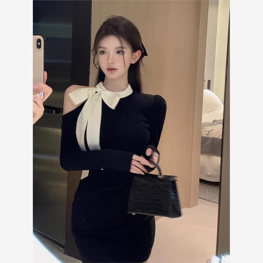 レース ワンピース リボン襟デザイン タイトワンピース