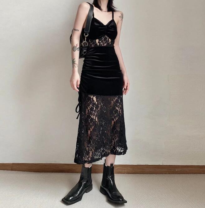 レース ワンピース 黒キャミワンピース透け感セクシー