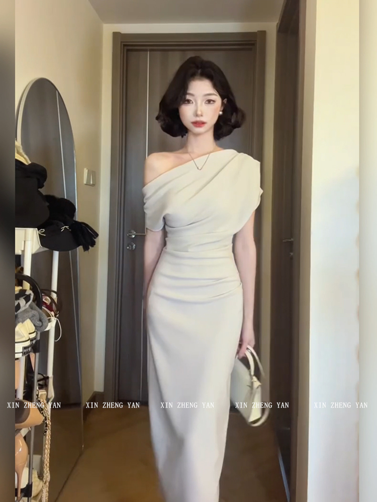 レース ワンピース 優美なドレープ アシンメトリー ワンピース