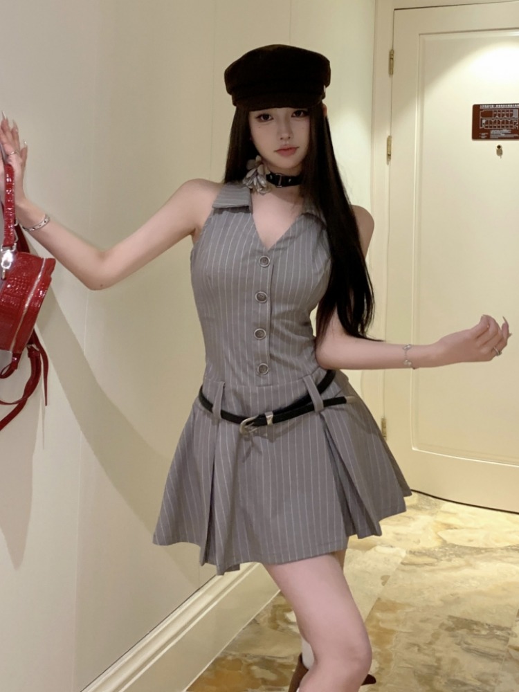 レース ワンピース 優雅ストライプ ノースリーブ ワンピース