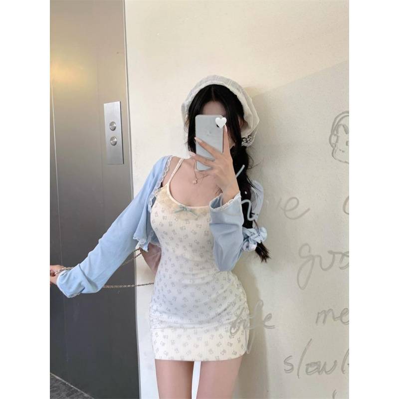 レース ワンピース 小花柄リボン付きレースキャミワンピース
