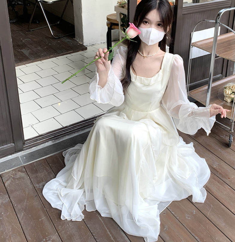 レース ワンピース エアリー シフォン ロングワンピース 春夏 ドレープ 長袖