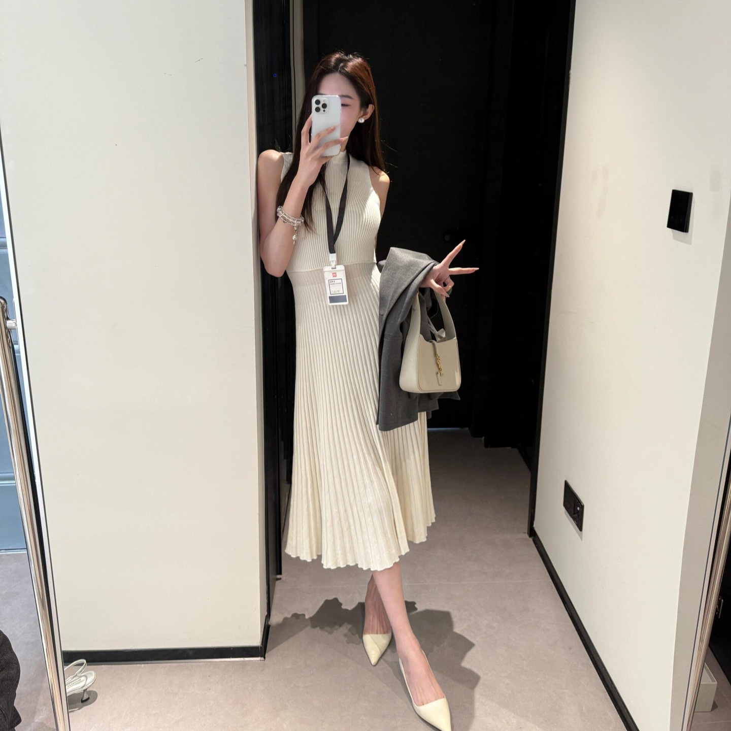 レース ワンピース ノースリーブ プリーツ ロングワンピース