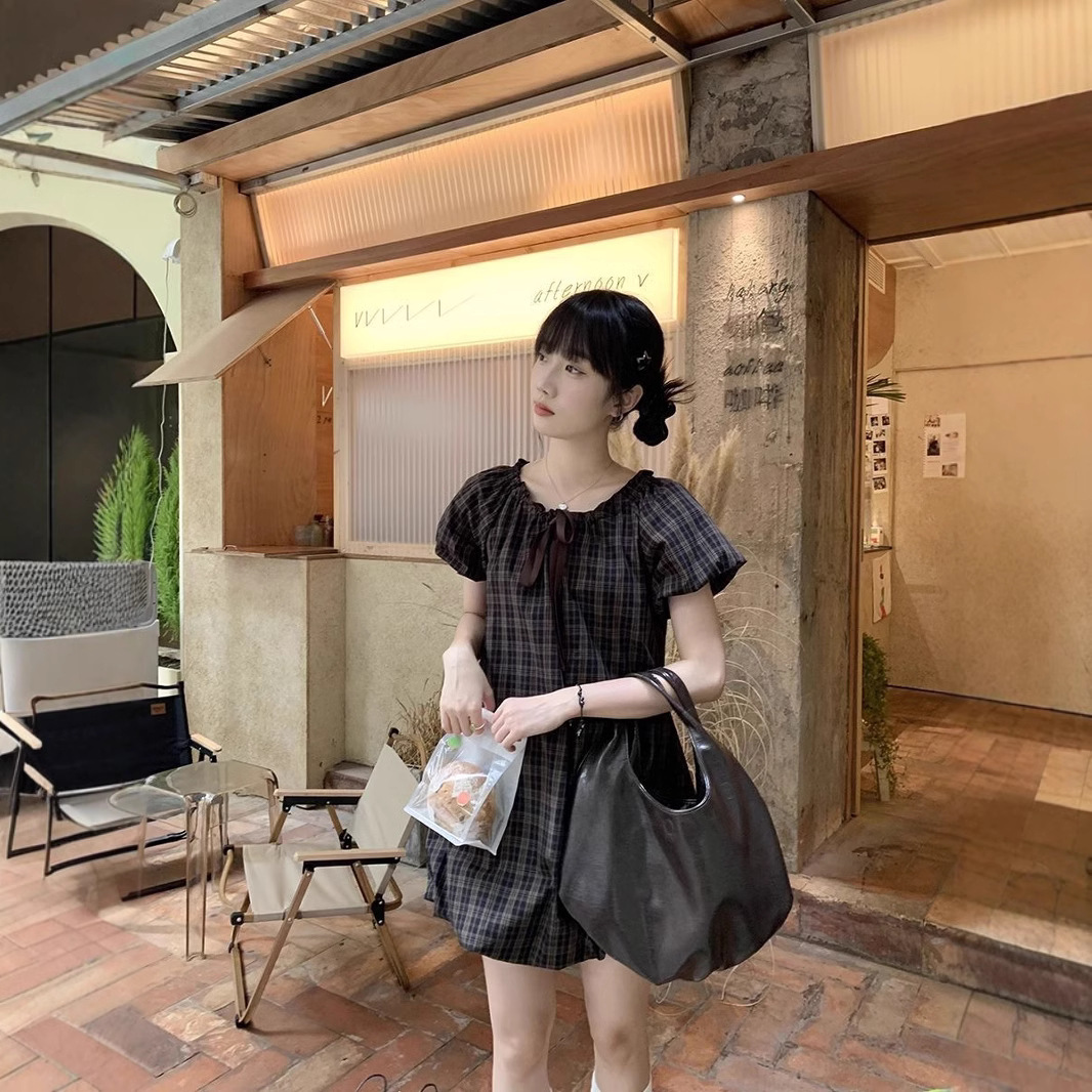レース ワンピース 格子柄フリル袖ミニレースワンピース