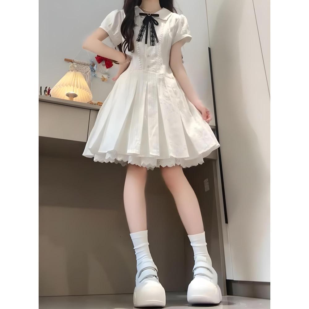  襟付きリボンレースワンピース半袖プリーツ
