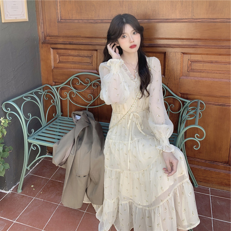レース ワンピース 小花柄シフォン ロングワンピース フリル襟 フェミニン 透け感 きれいめ