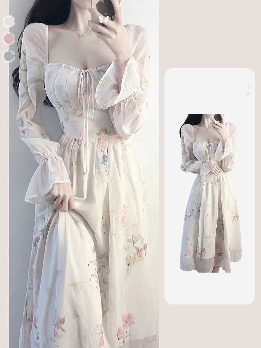 レース ワンピース 花柄シフォン ロングワンピース 着痩せ 長袖 フレア