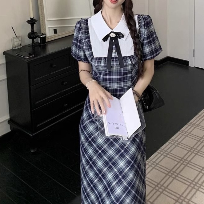 レース ワンピース 優雅な格子柄セーラーロングワンピース