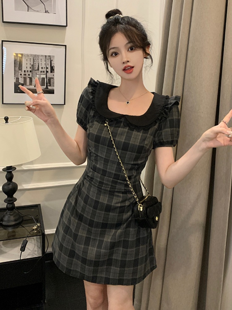 レース ワンピース 格子柄フリルレース襟ワンピース