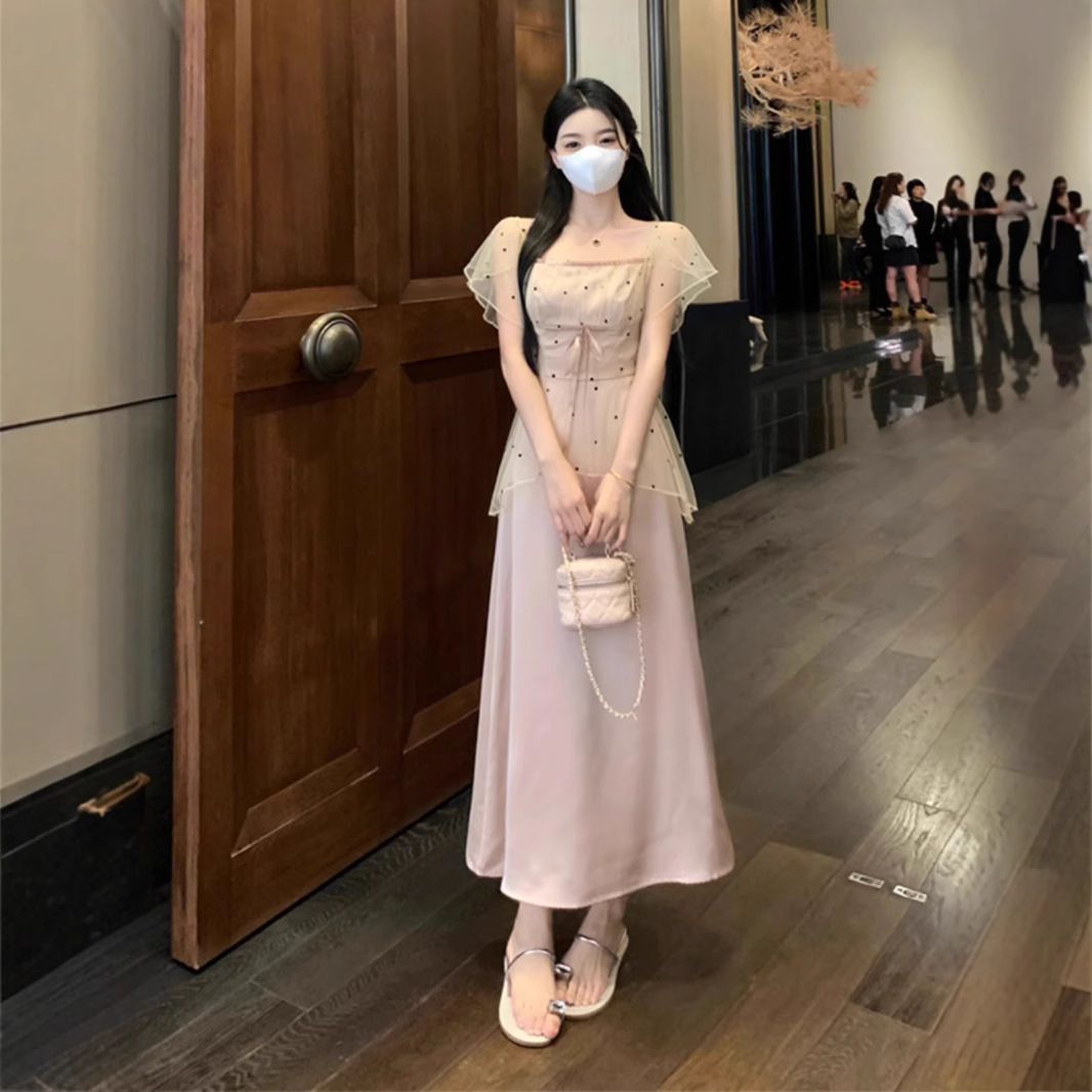 レース ワンピース 水玉シアーレース ロングワンピース