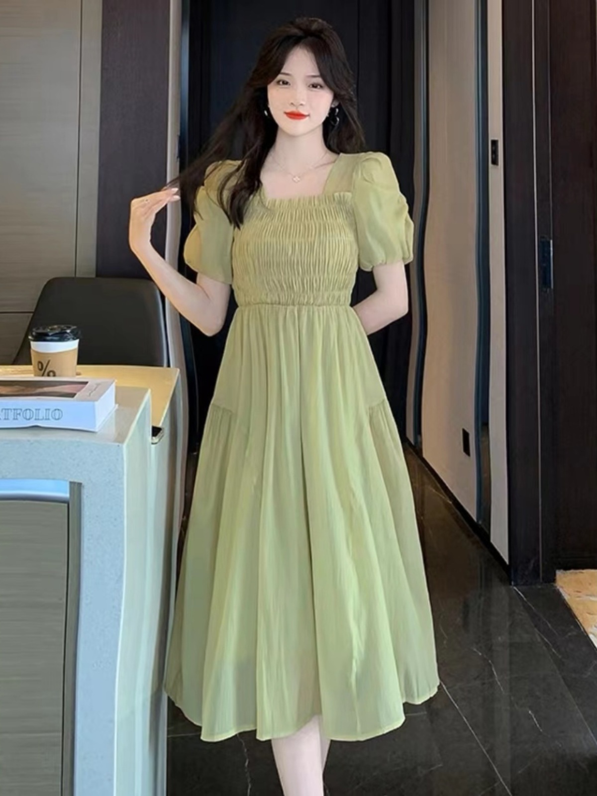 レース ワンピース 姫袖シャーリングレースロングドレス