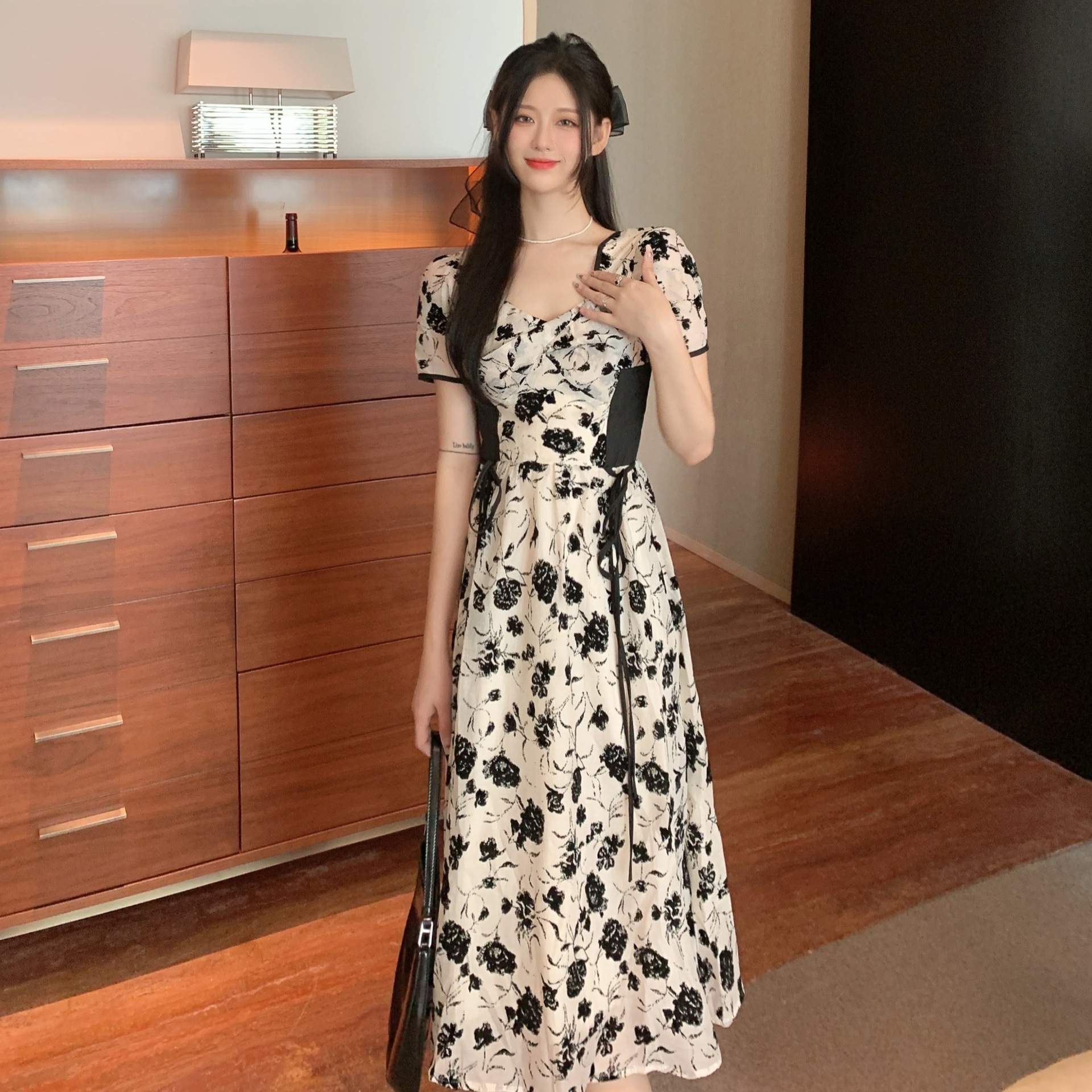 レース ワンピース 花柄サイドリボン レース ロングドレス