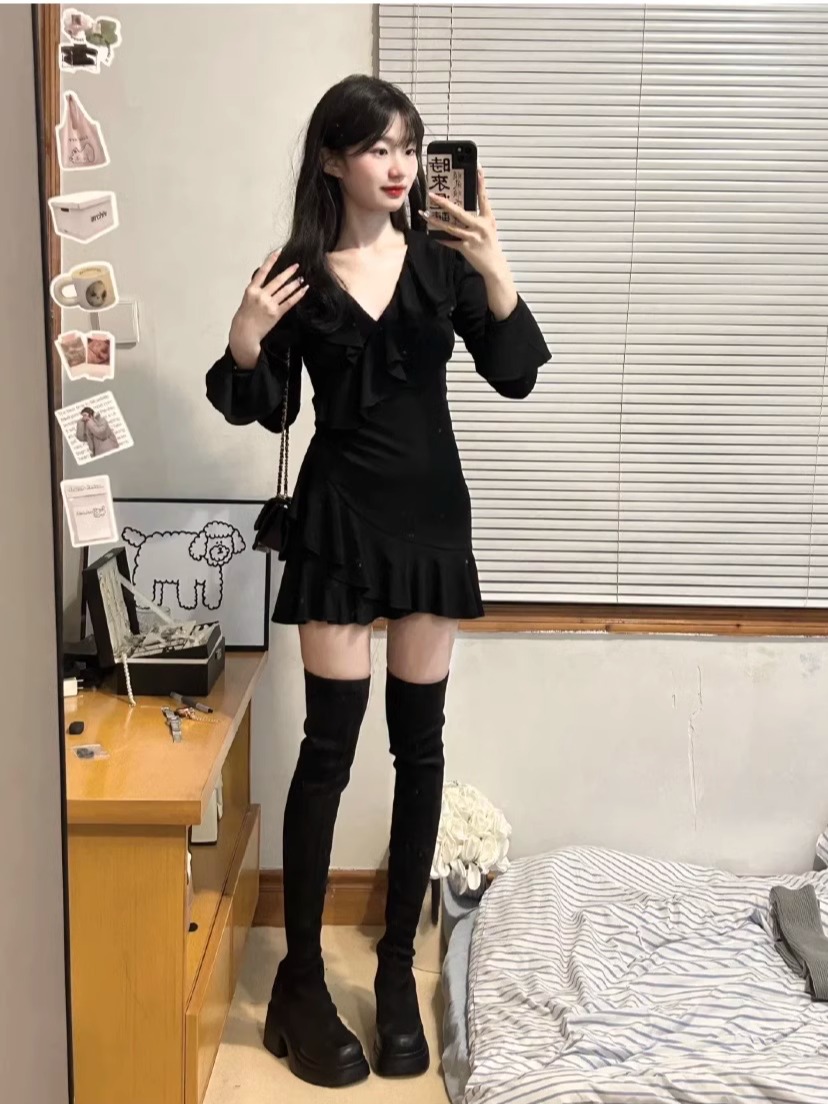 レース ワンピース 胸元フリル優美ワンピース
