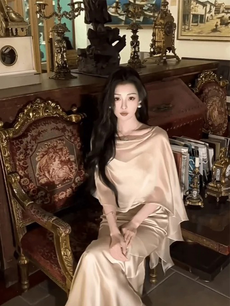 レース ワンピース 優美なドレープレース ワンピース ロング