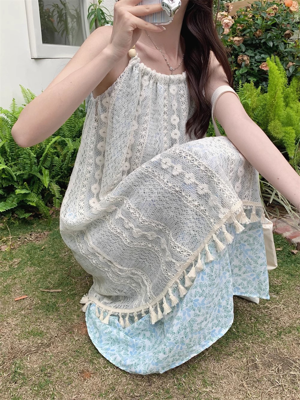 レース ワンピース 花柄フリンジ飾り レース重ね ゆったりワンピース