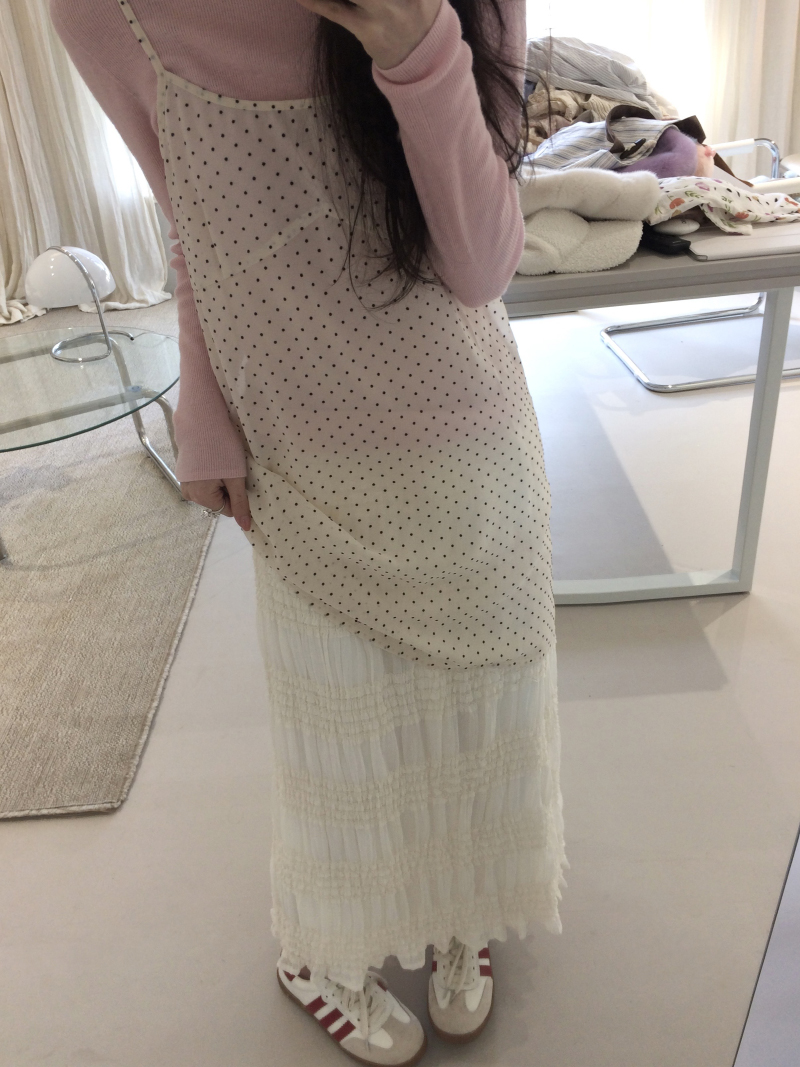 レース ワンピース ドット柄キャミソールレイヤードワンピース