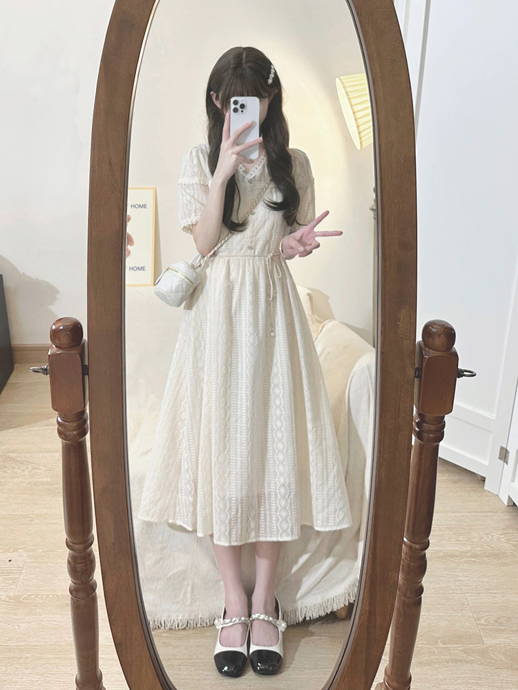 レース ワンピース 優美な透かし編みレースロングワンピース
