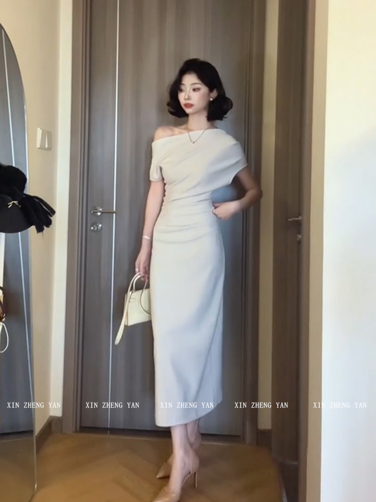 レース ワンピース 優美なドレープ アシンメトリー ワンピース