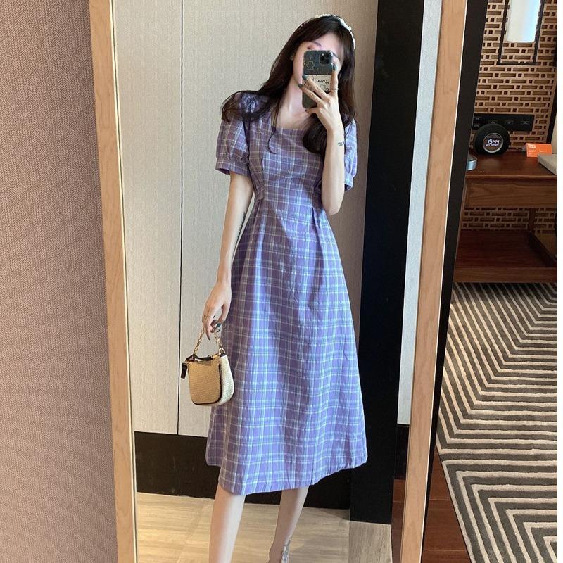 レース ワンピース 格子柄フェミニンロングワンピース
