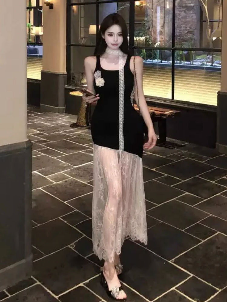 レース ワンピース シアーレース重ね ロングワンピース