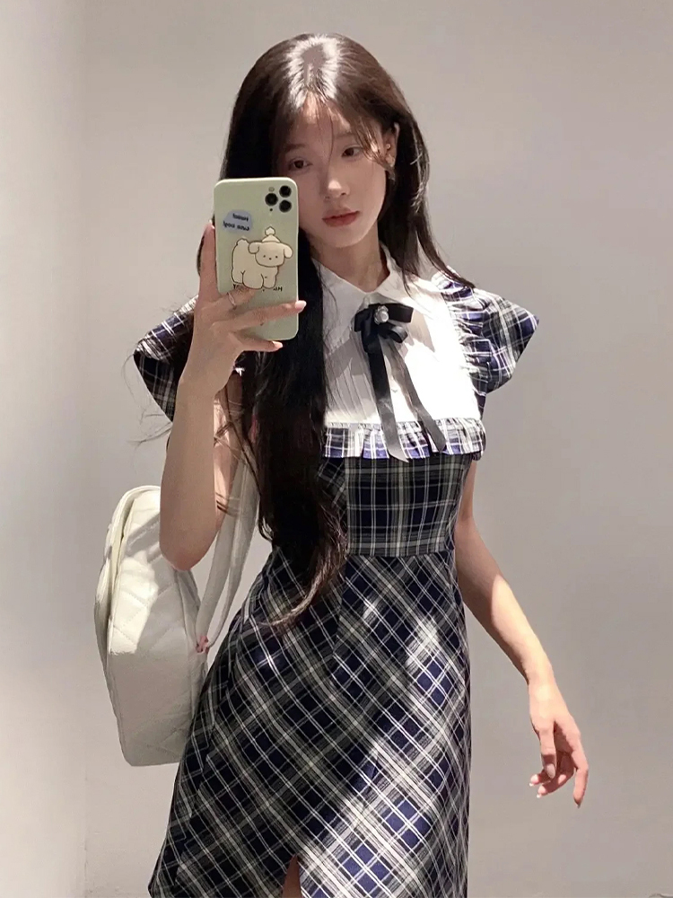 レース ワンピース 胸元リボン 格子柄レース ロングワンピース