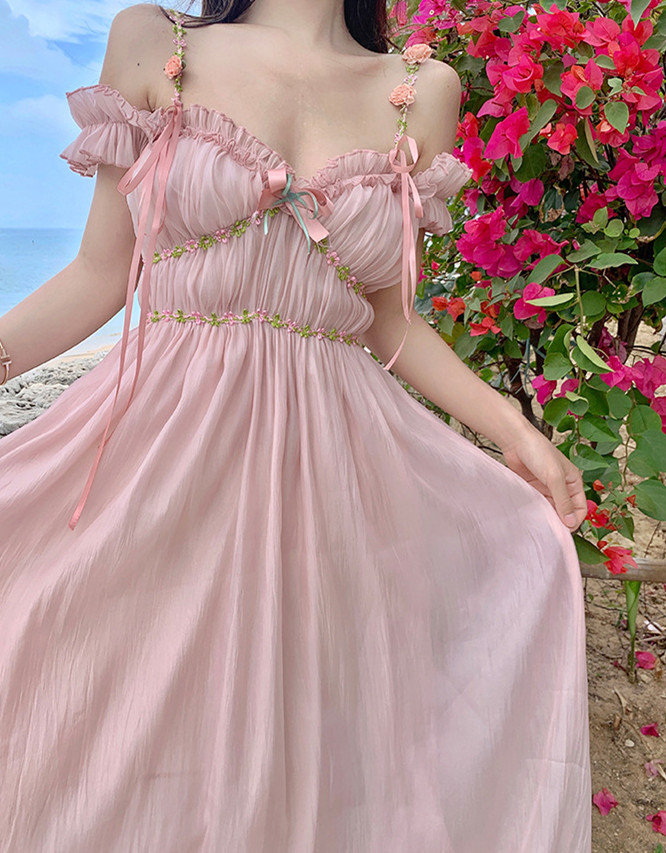レース ワンピース フリルレース ロングワンピース リゾート向け 肩魅せ 夏服