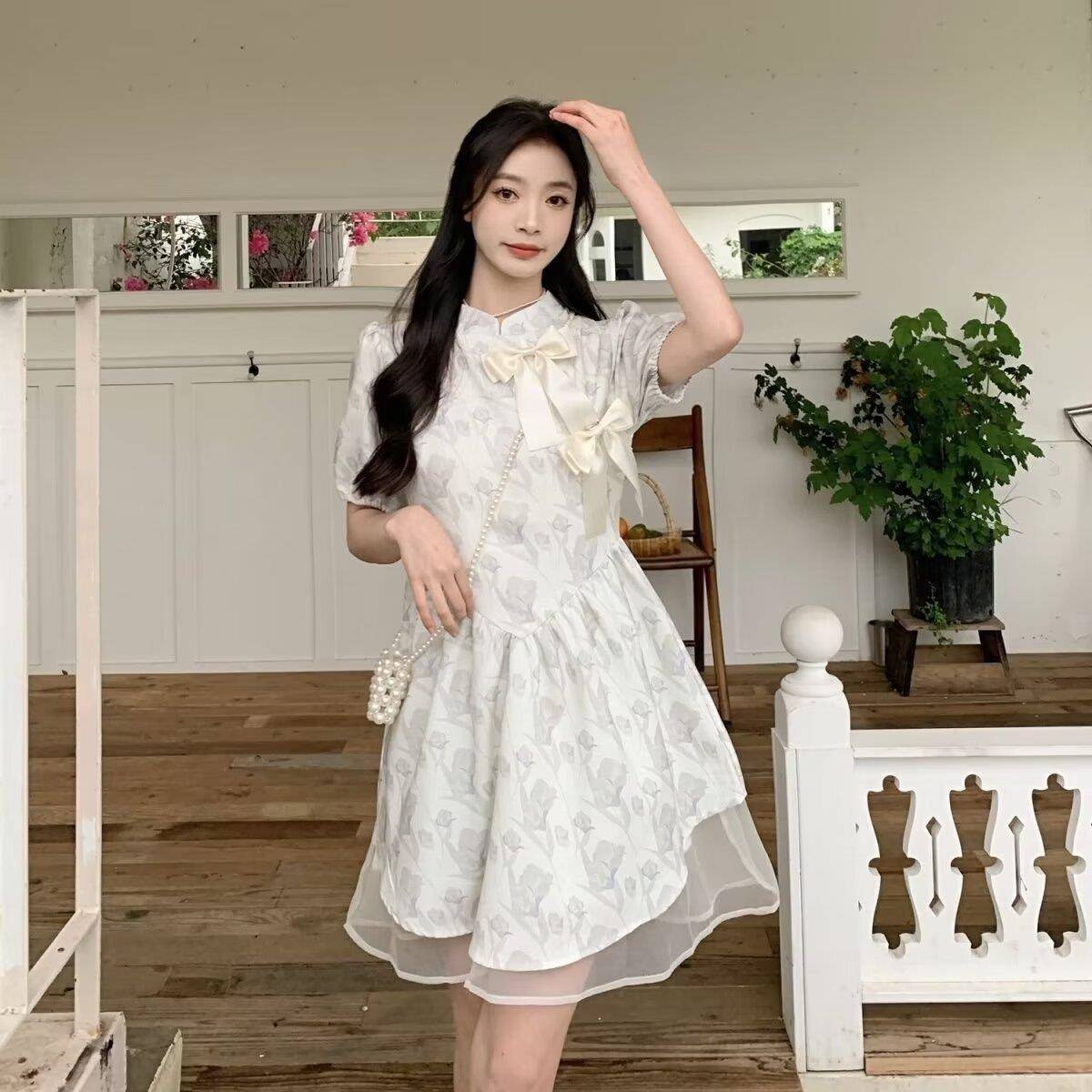 レース ワンピース リボン飾り 花柄シフォン重ね ワンピース