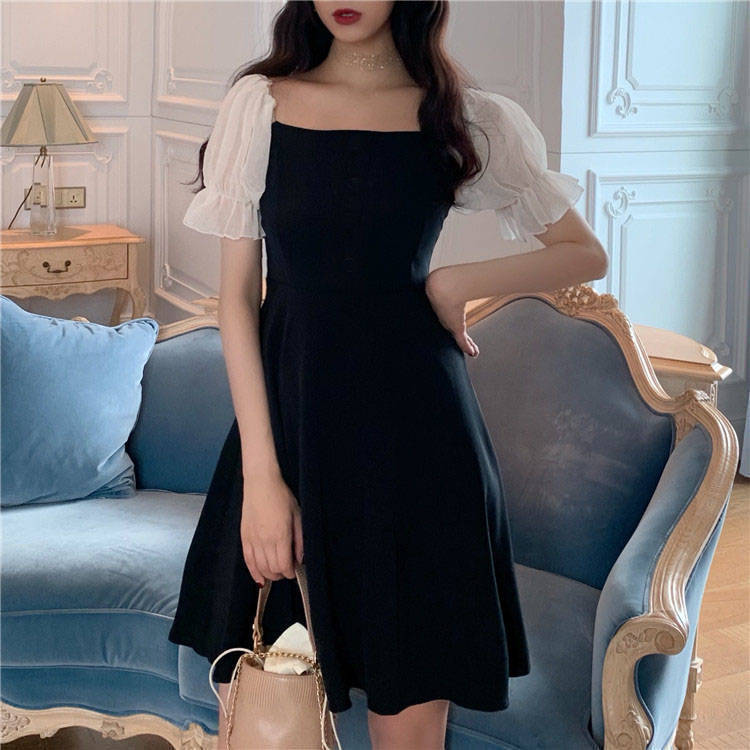 レース ワンピース シアーパフスリーブ レイヤード ワンピース