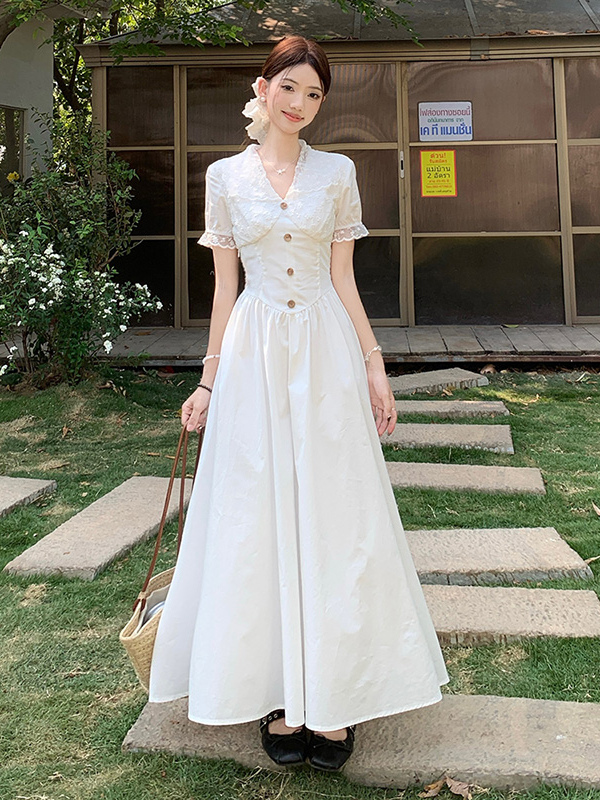 レース ワンピース 優美な花嫁風レース切替ロングワンピース