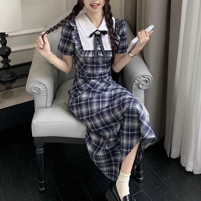 レース ワンピース 優雅な格子柄セーラーロングワンピース