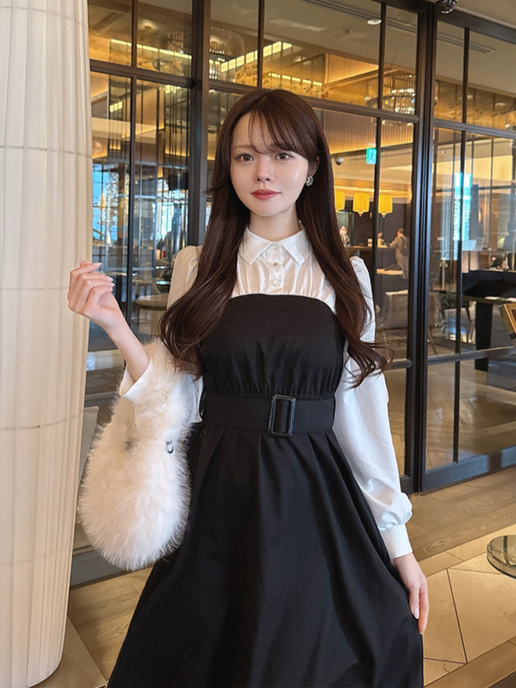 レース ワンピース シャツ襟付きレイヤードロングワンピース