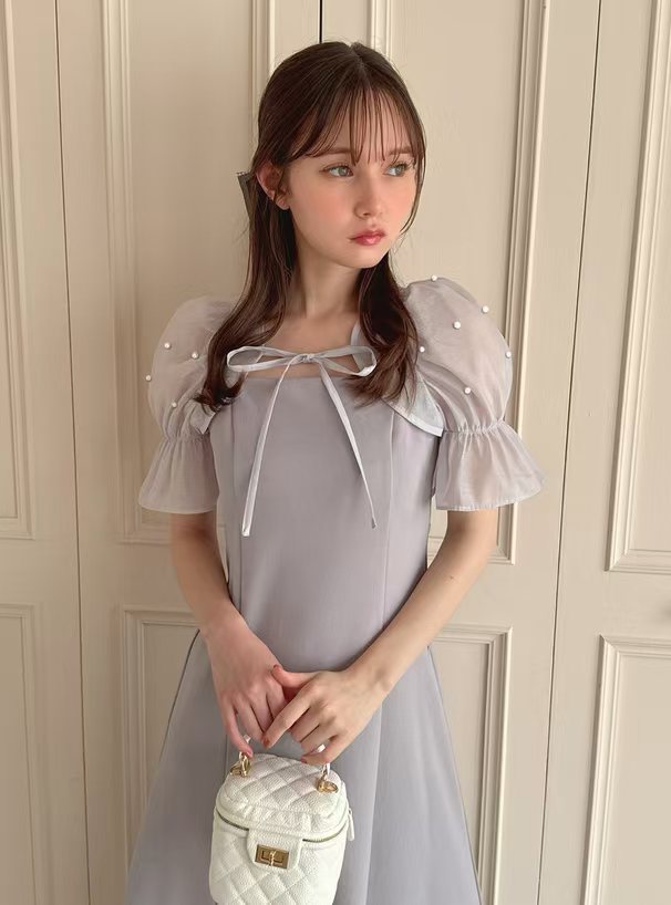 レース ワンピース パール付きパフスリーブ レース ワンピース