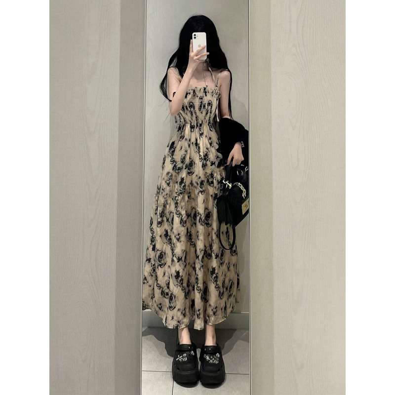 レース ワンピース 花柄シャーリングキャミロングワンピース