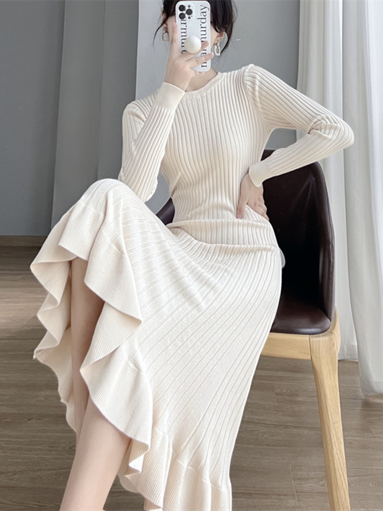 レース ワンピース 優美な縦リブ編み レース ワンピース