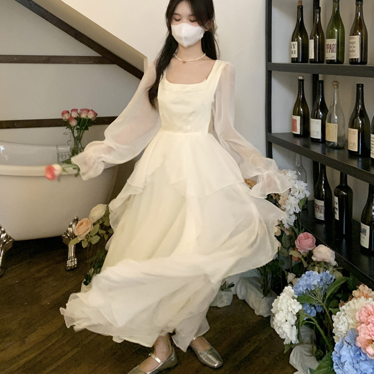 レース ワンピース エアリー シフォン ロングワンピース 春夏 ドレープ 長袖