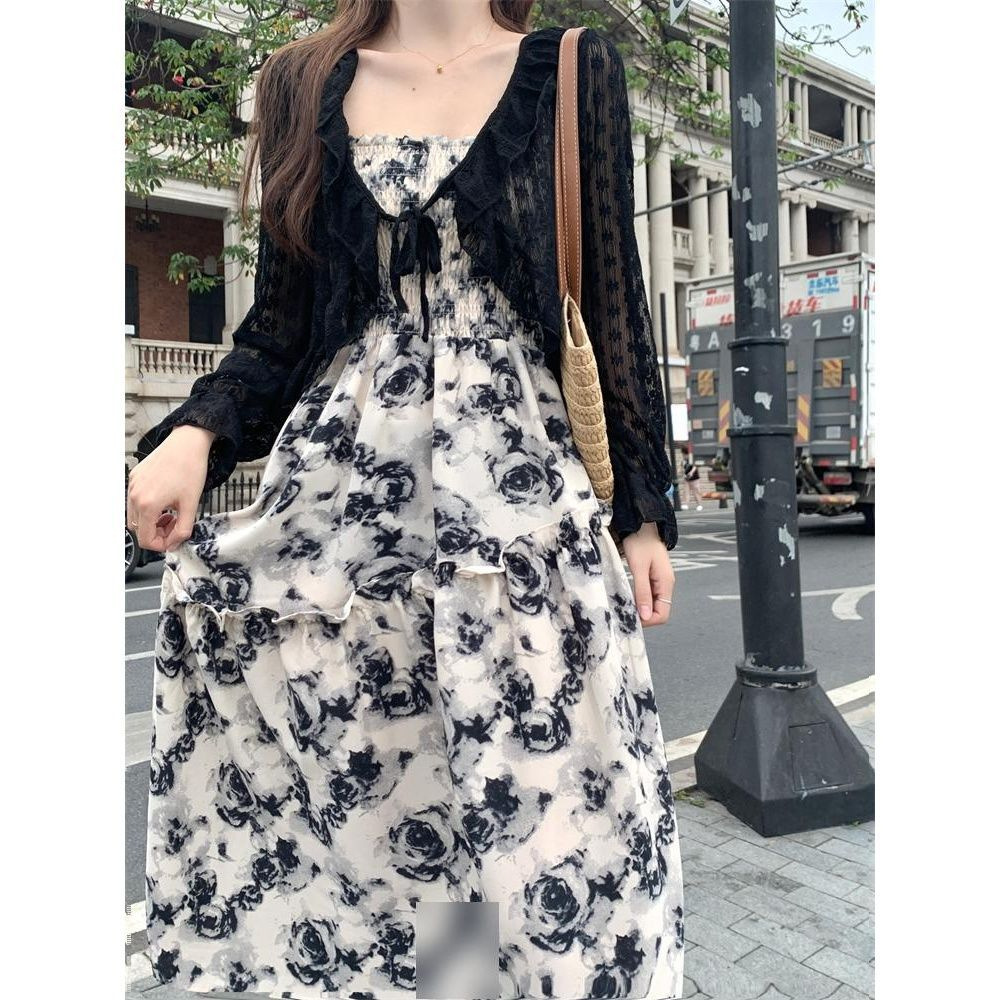 レース ワンピース 花柄シャーリングレースロングドレス
