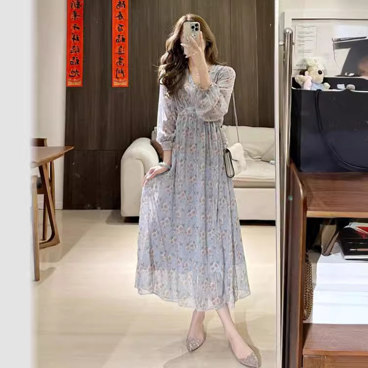 レース ワンピース 花柄シフォン ロングワンピース Vネック パフスリーブ 体型カバー