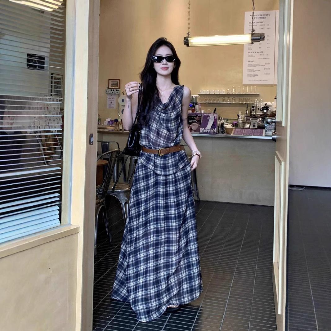 レース ワンピース 格子柄ドレープロングワンピース