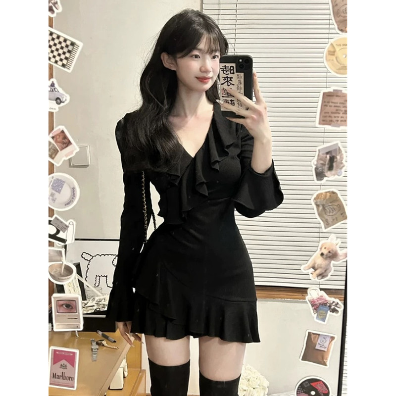 レース ワンピース 優美フリルデザイン 長袖ワンピース