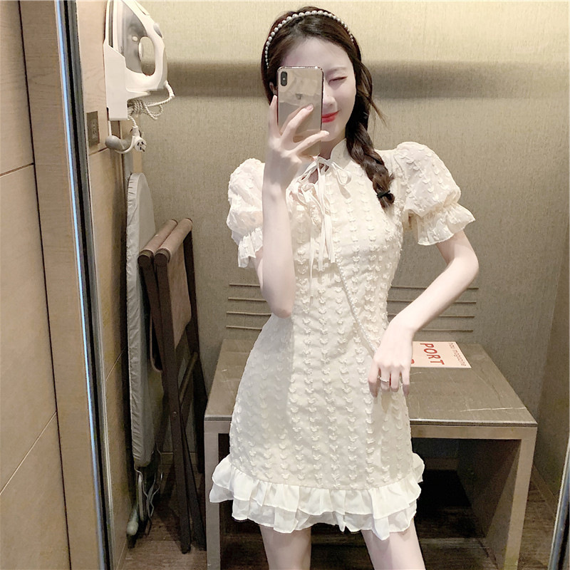 レース ワンピース 優美フリル付きパフスリーブタイトワンピース