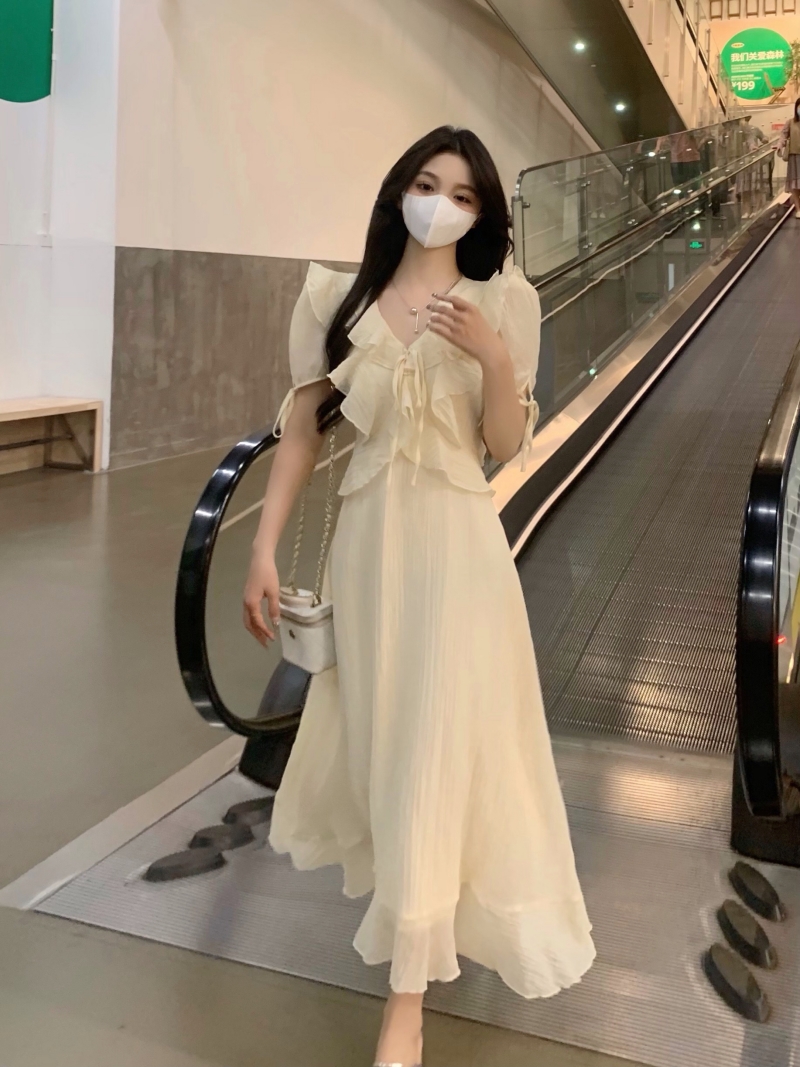 レース ワンピース フリルリボン シフォンレース ロングワンピース