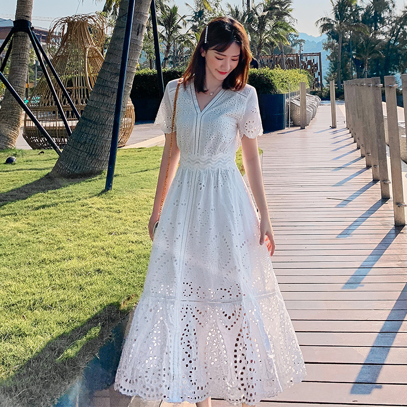 レース ワンピース 花柄レース Vネック ロングワンピース 夏用フレアドレス