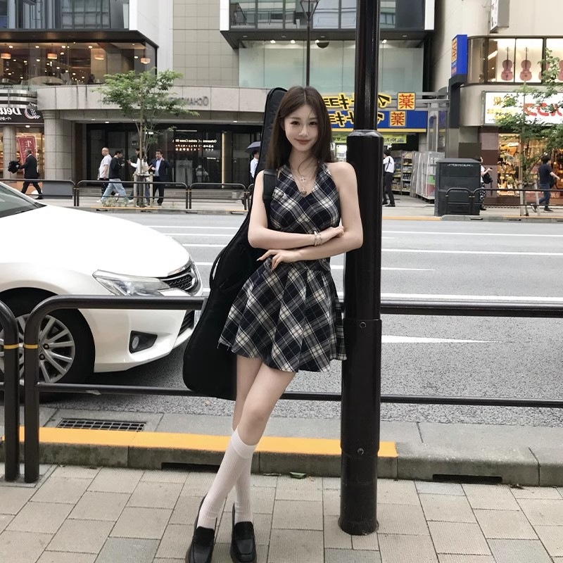 レース ワンピース 格子柄レース重ね風ノースリーブワンピース