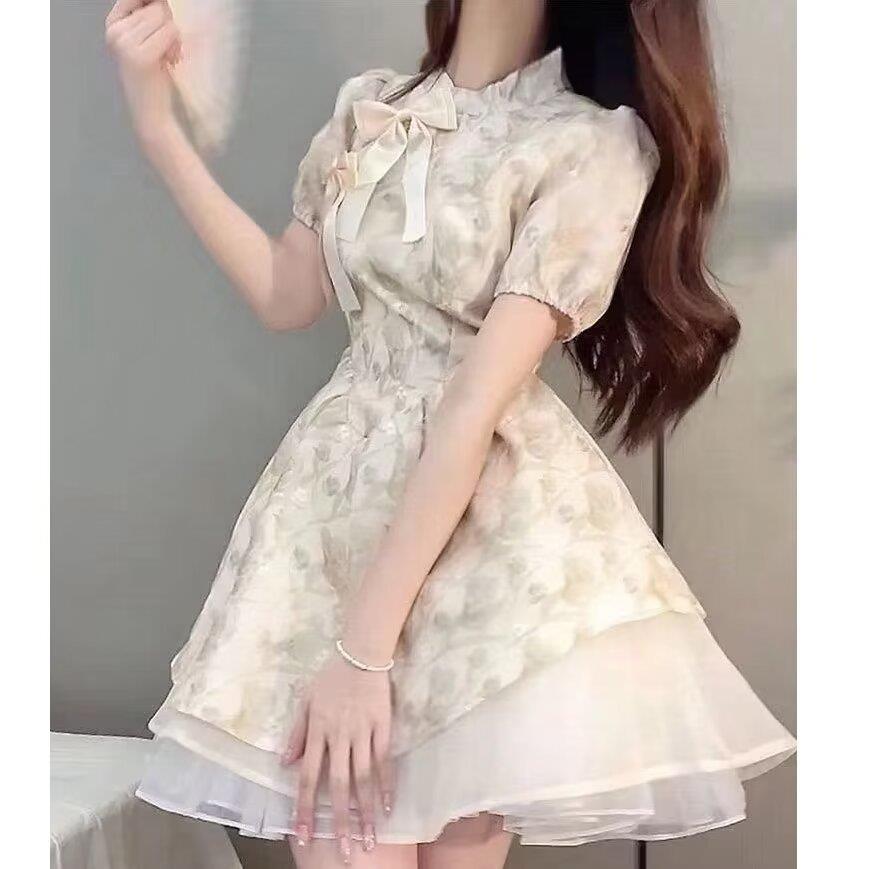 レース ワンピース リボン飾り 花柄シフォン重ね ワンピース