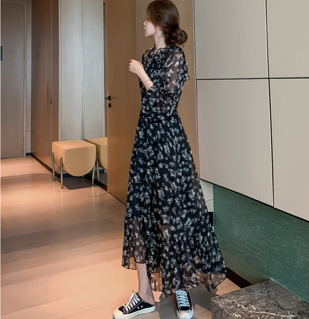 レース ワンピース 花柄シフォン ロングワンピース 長袖 フレア 大きいサイズ