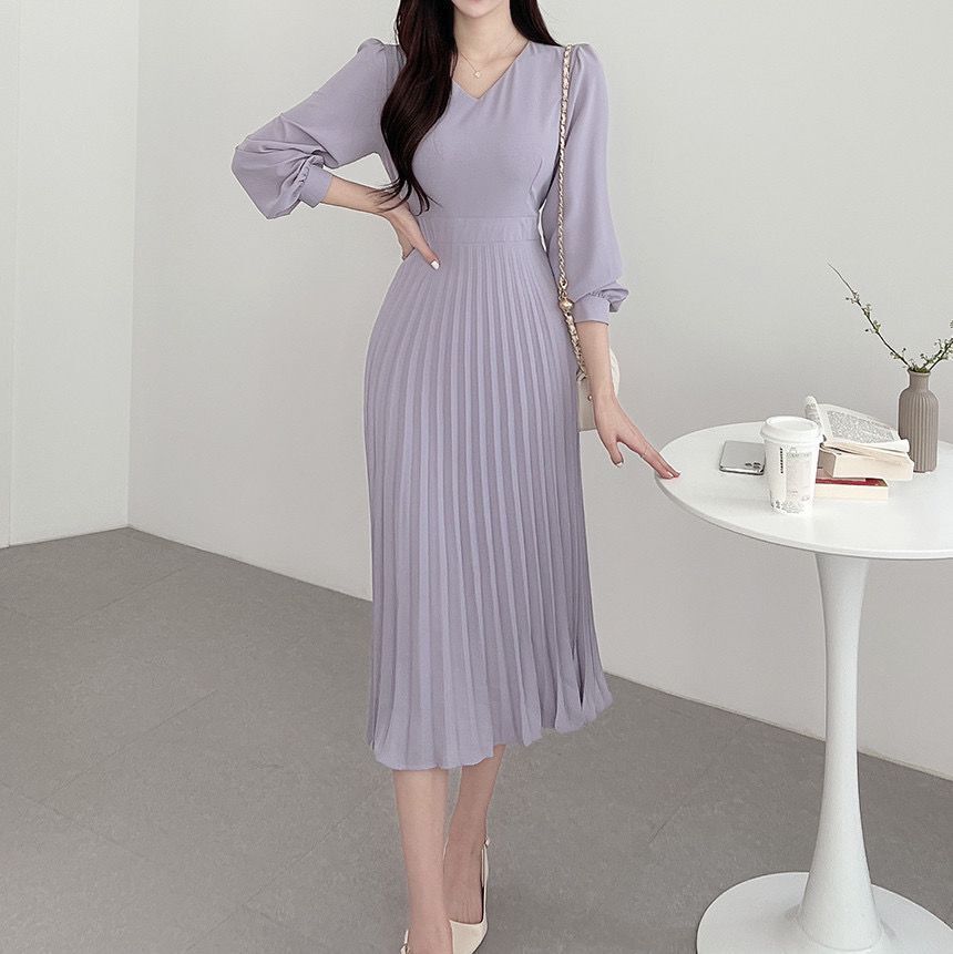 レース ワンピース 優美な袖プリーツレースワンピース